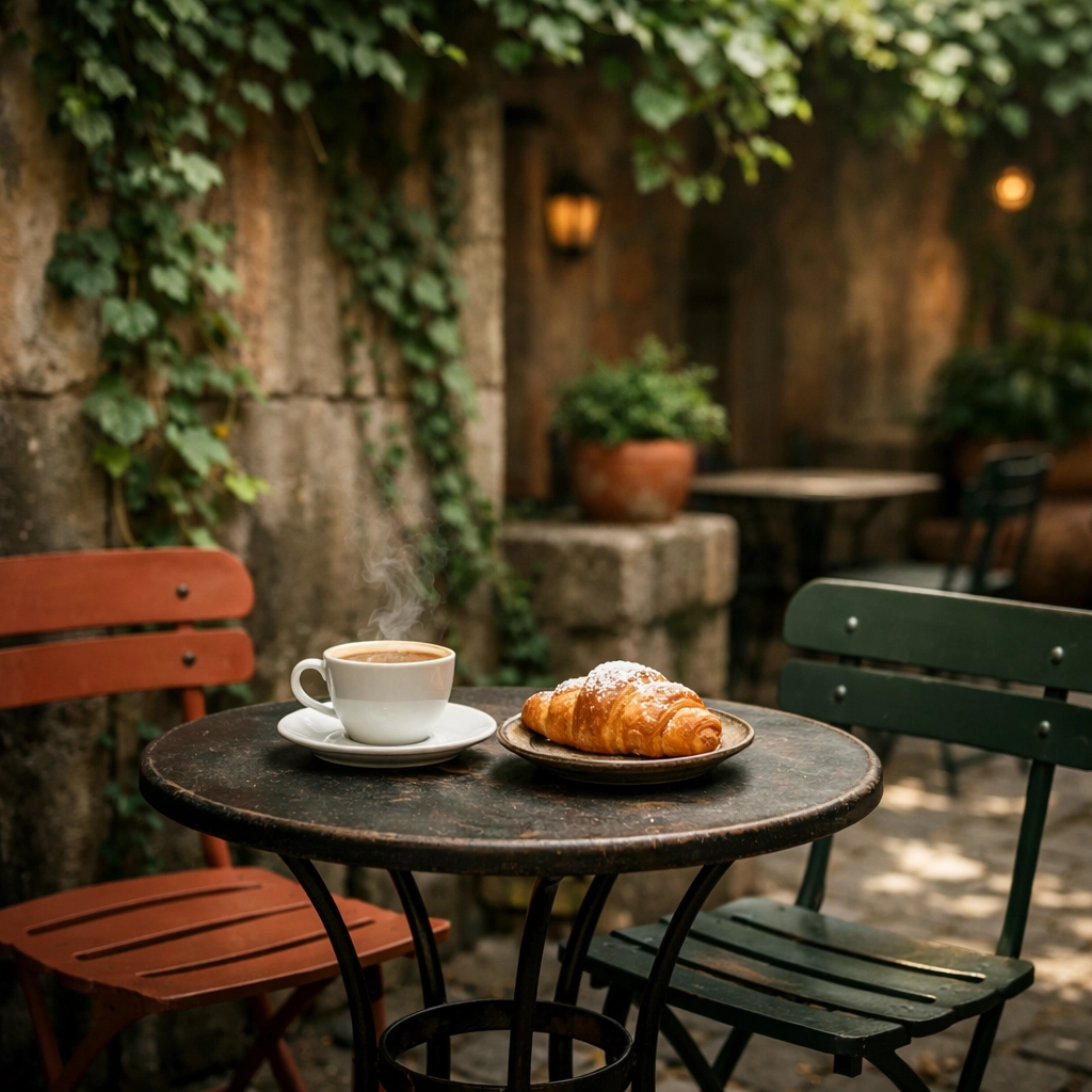 A hidden courtyard cafe representing hyper-local recommendations from an AI guest portal.