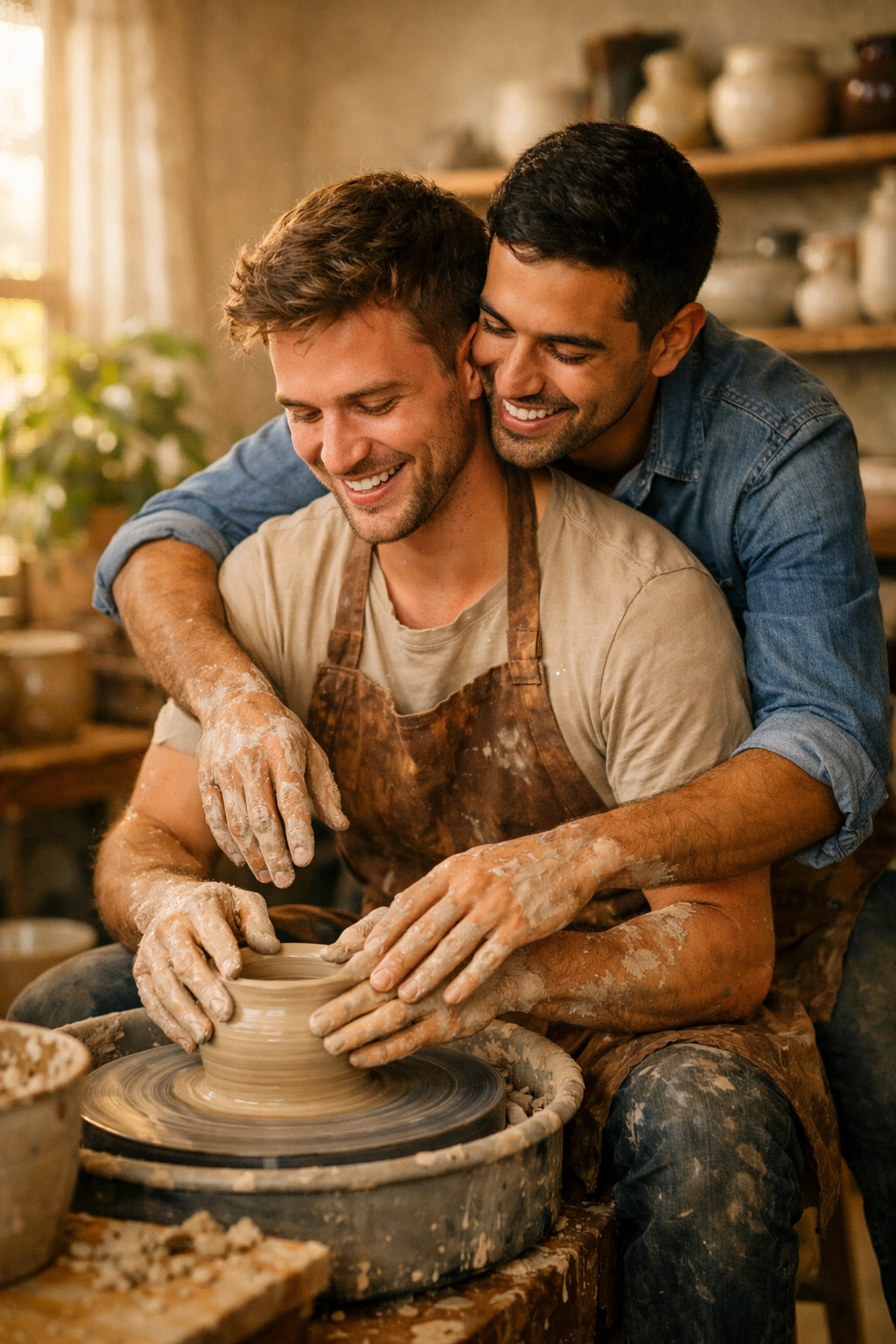 Two gay men laughing while making pottery together, building community through shared queer hobbies.