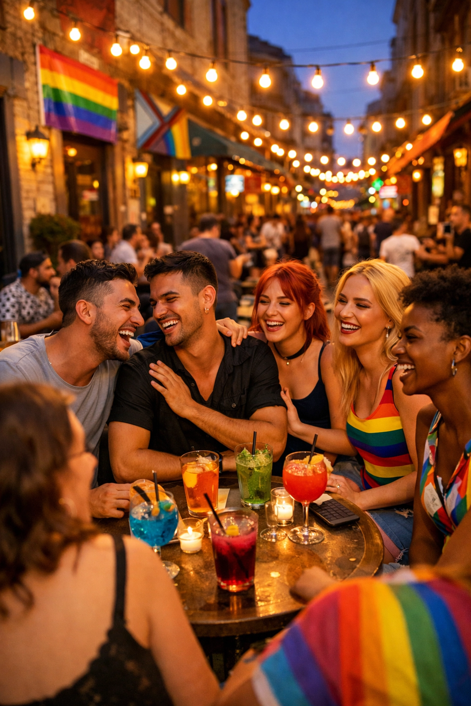 LGBTQ+ friends celebrating at outdoor cafe in Thessaloniki's Ladadika district