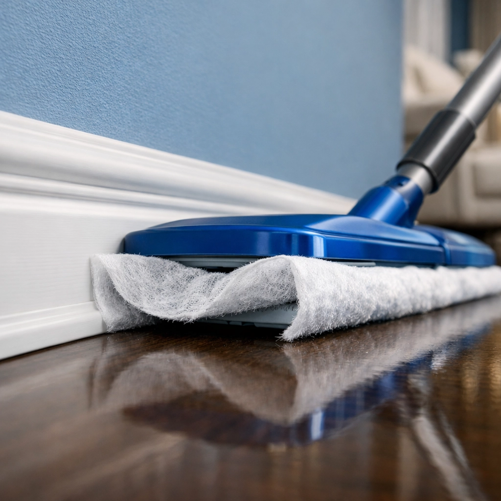 Using a dryer sheet on a mop to clean white baseboards and prevent dust buildup naturally.