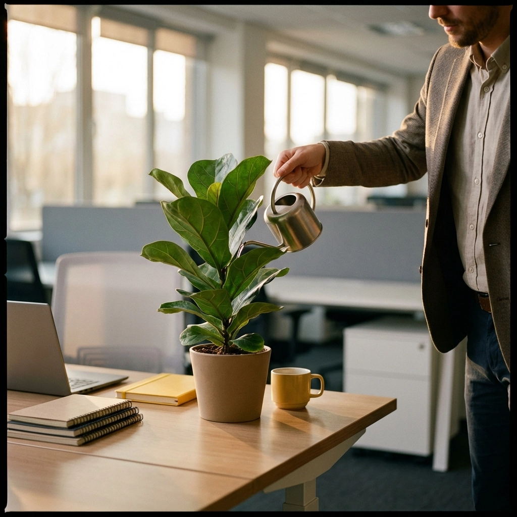 Professional watering a healthy office plant, representing nurturing valuable MSP clients for long-term success.