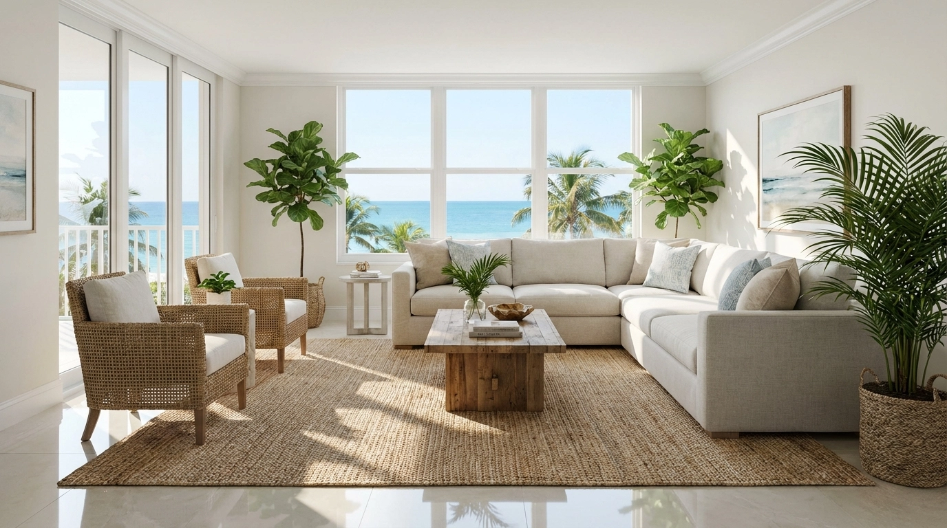 Photorealistic virtually staged condo living room in Naples Florida with coastal contemporary decor