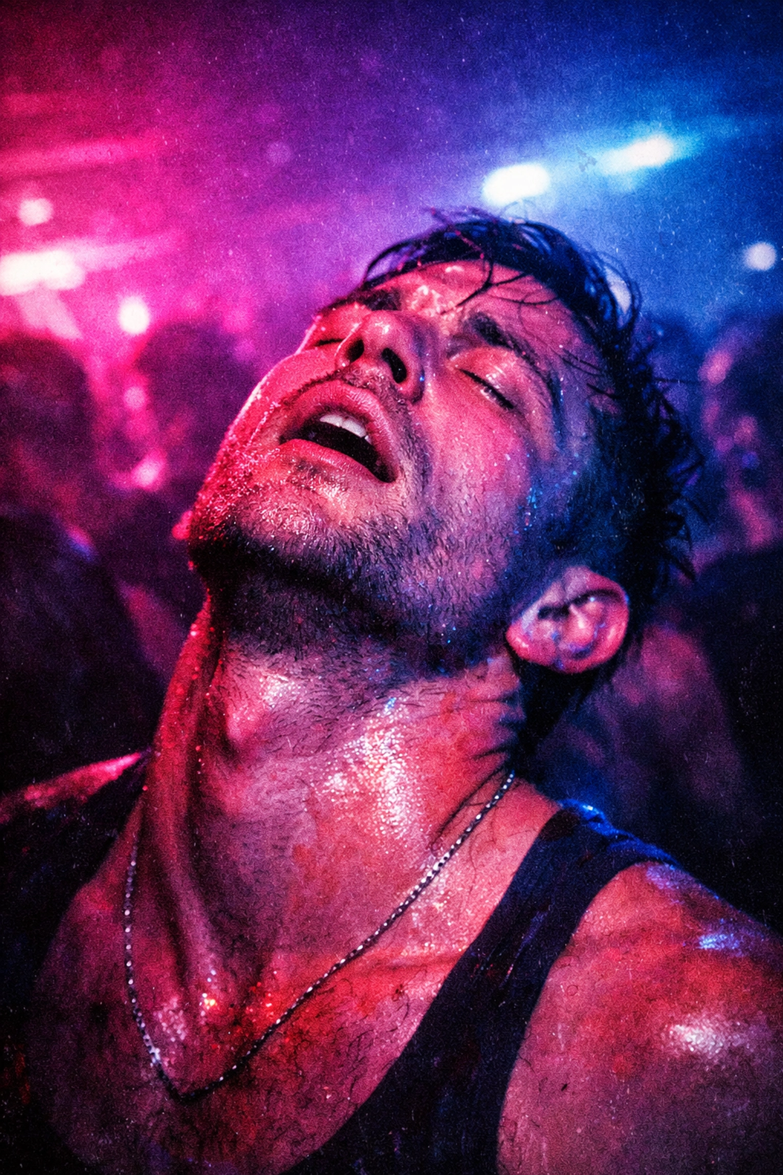 A man experiencing sensory overload in a gritty club setting, illustrating the intensity of the chem-sex subculture.
