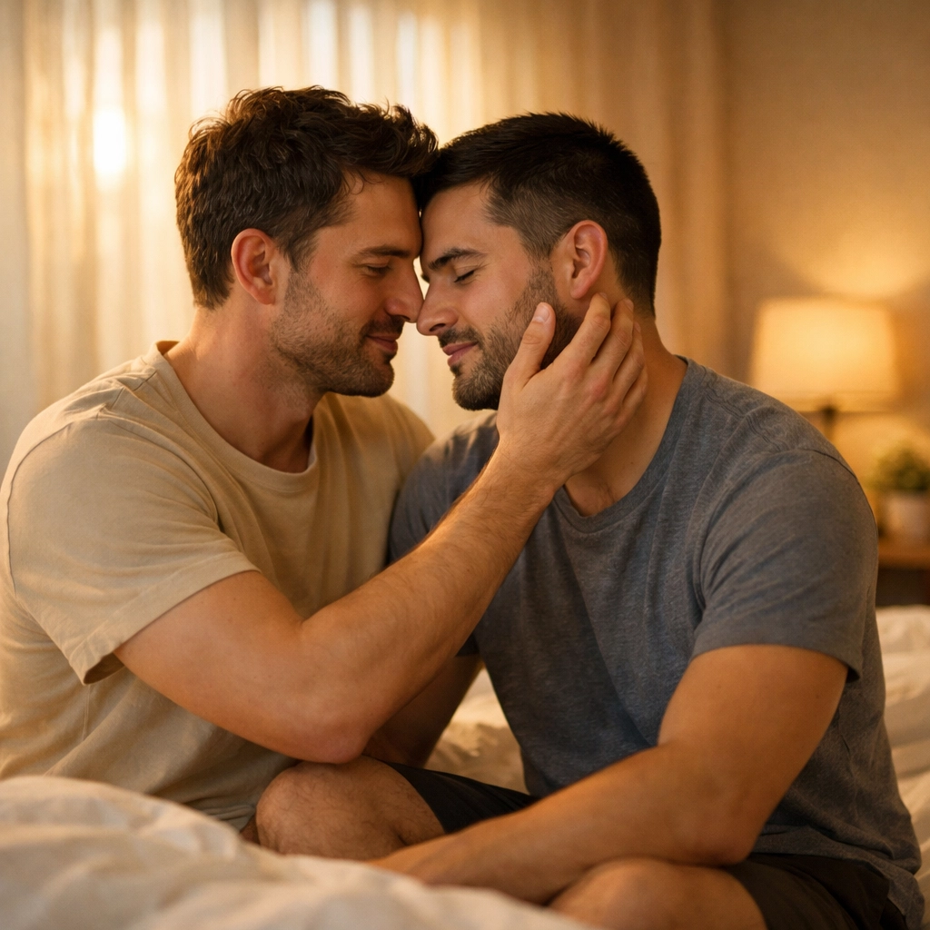 Two men sharing intimate moment in thoughtfully designed bedroom with soft lighting