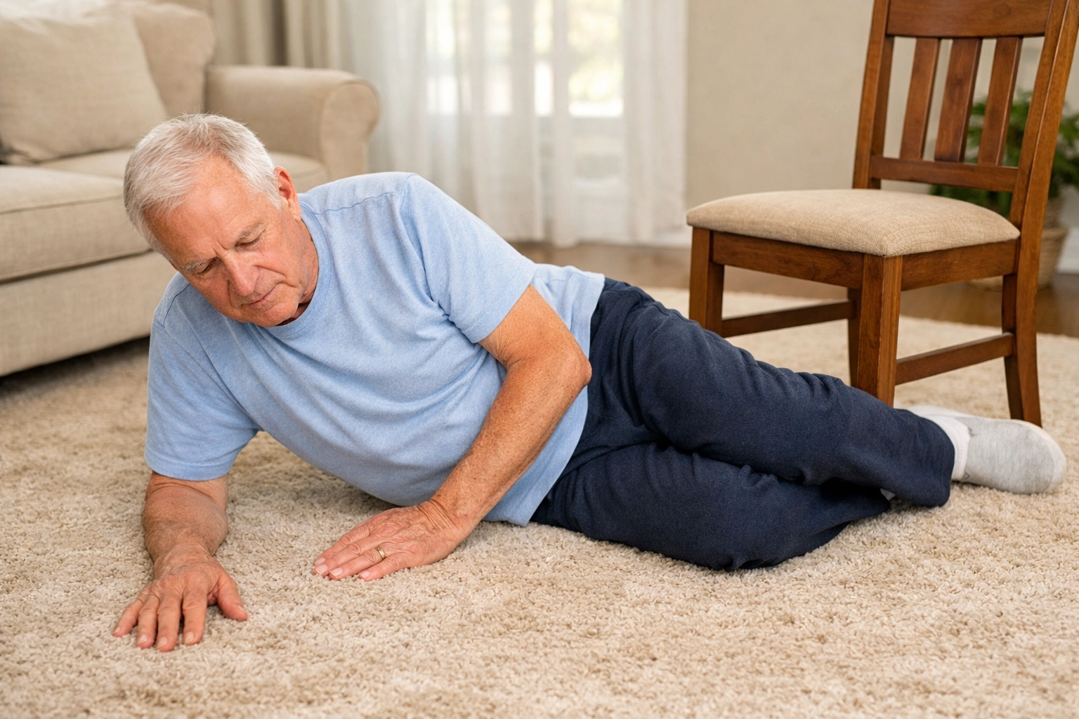 Senior man in side-lying position with extended arm demonstrating step one of fall recovery