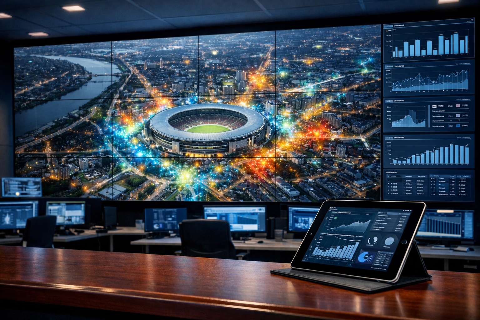 High-tech media dashboard showing stadium crowd heat maps and fan mobility data for DOOH targeting.