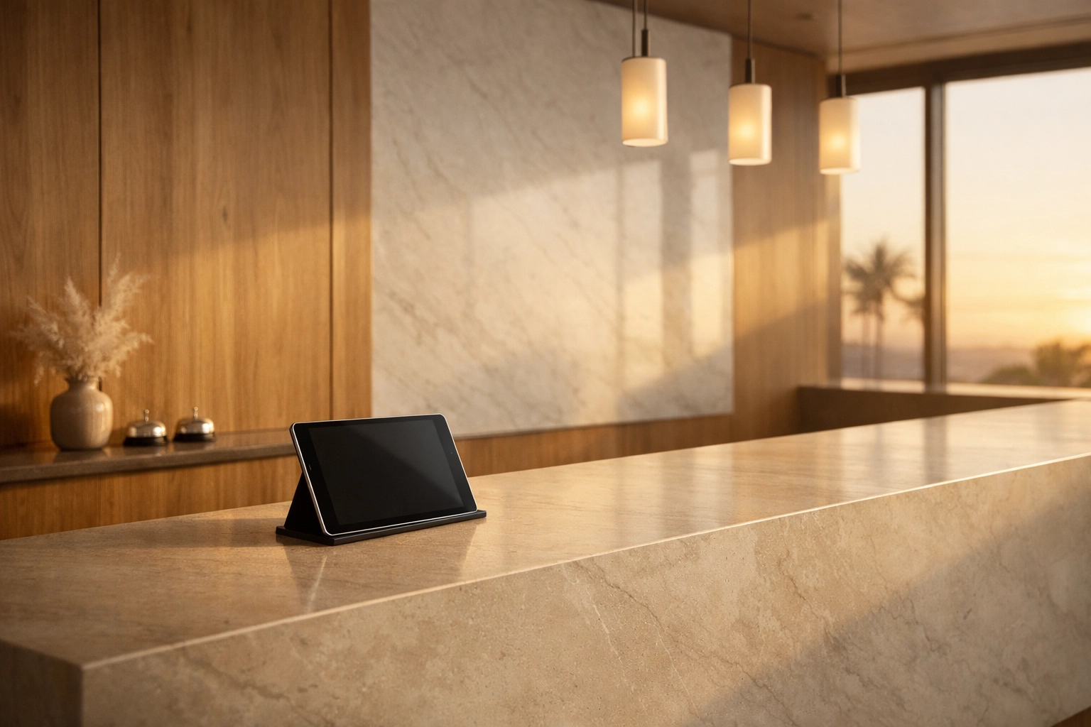 Minimalist hotel reception desk with a tablet representing a modern direct booking engine.