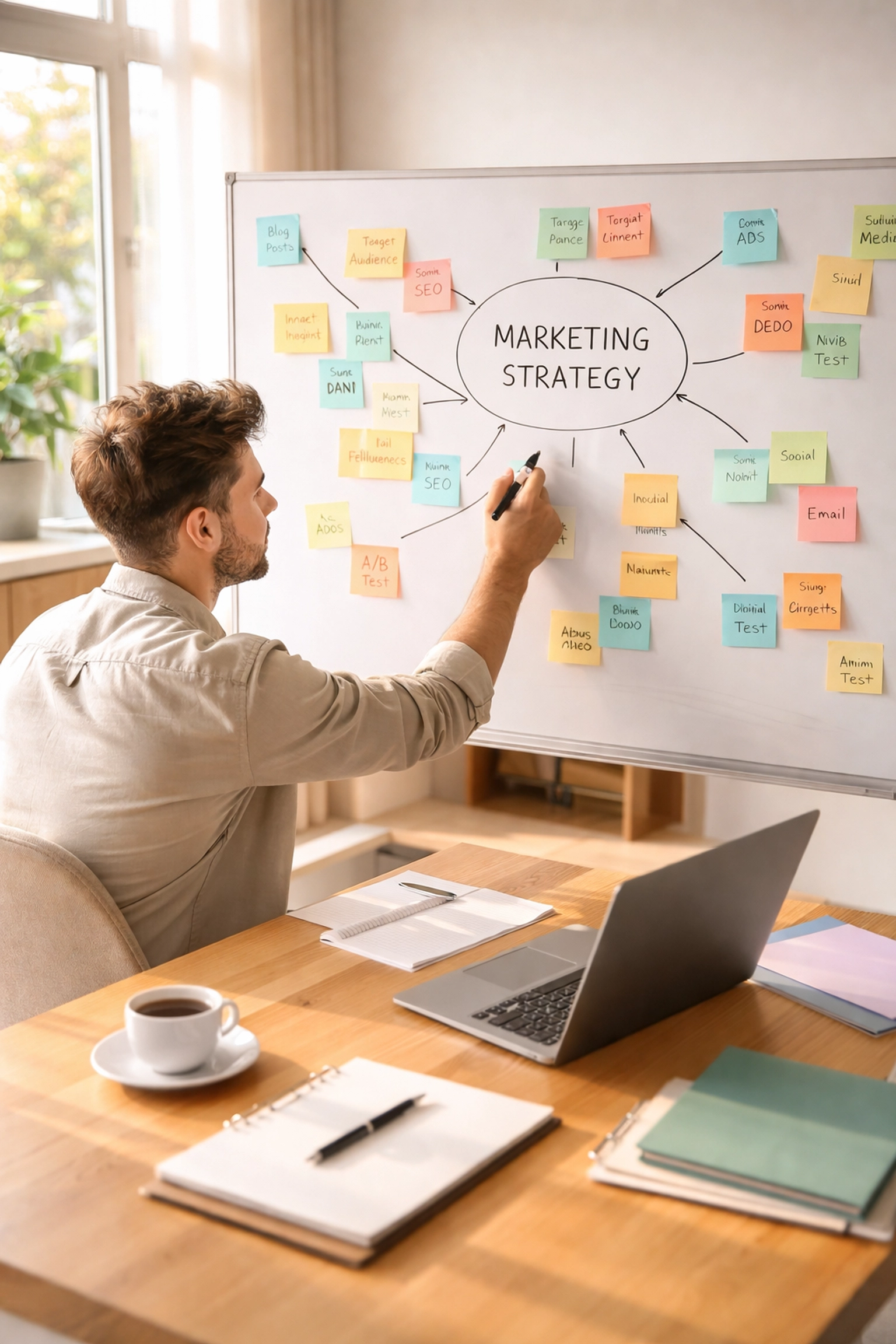 Young entrepreneur planning marketing channels at a bright startup workspace, showing how to promote your business in 2026