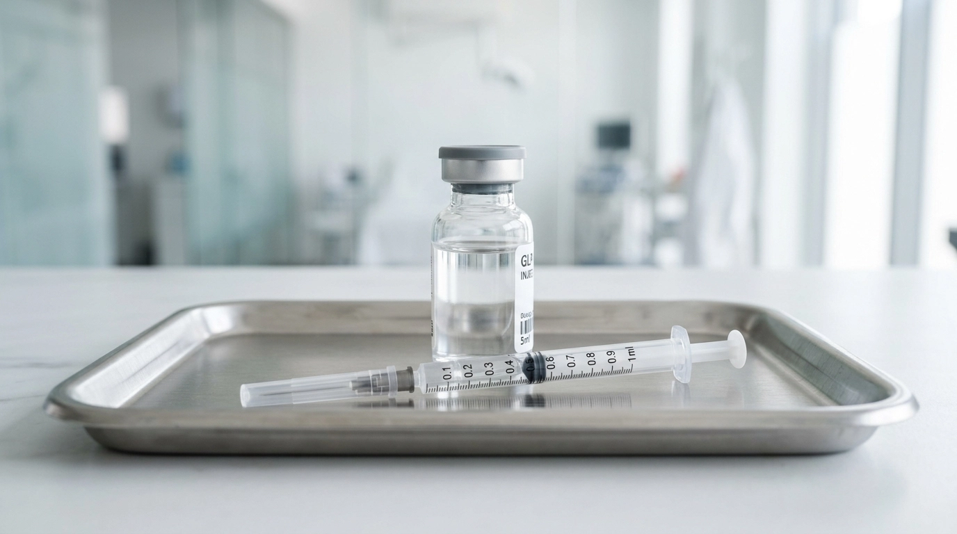 Premium minimalist clinical photo of a medication vial and syringe arranged on a clean medical tray