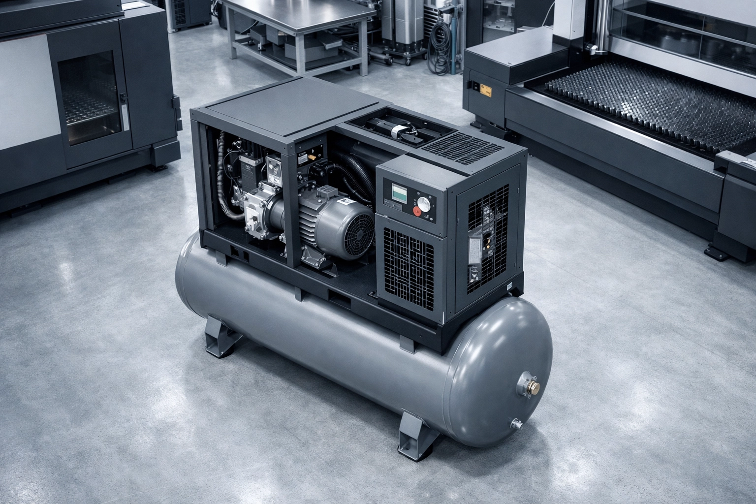 [IMAGE] Integrated screw air compressor station vs standalone components concept in a modern factory