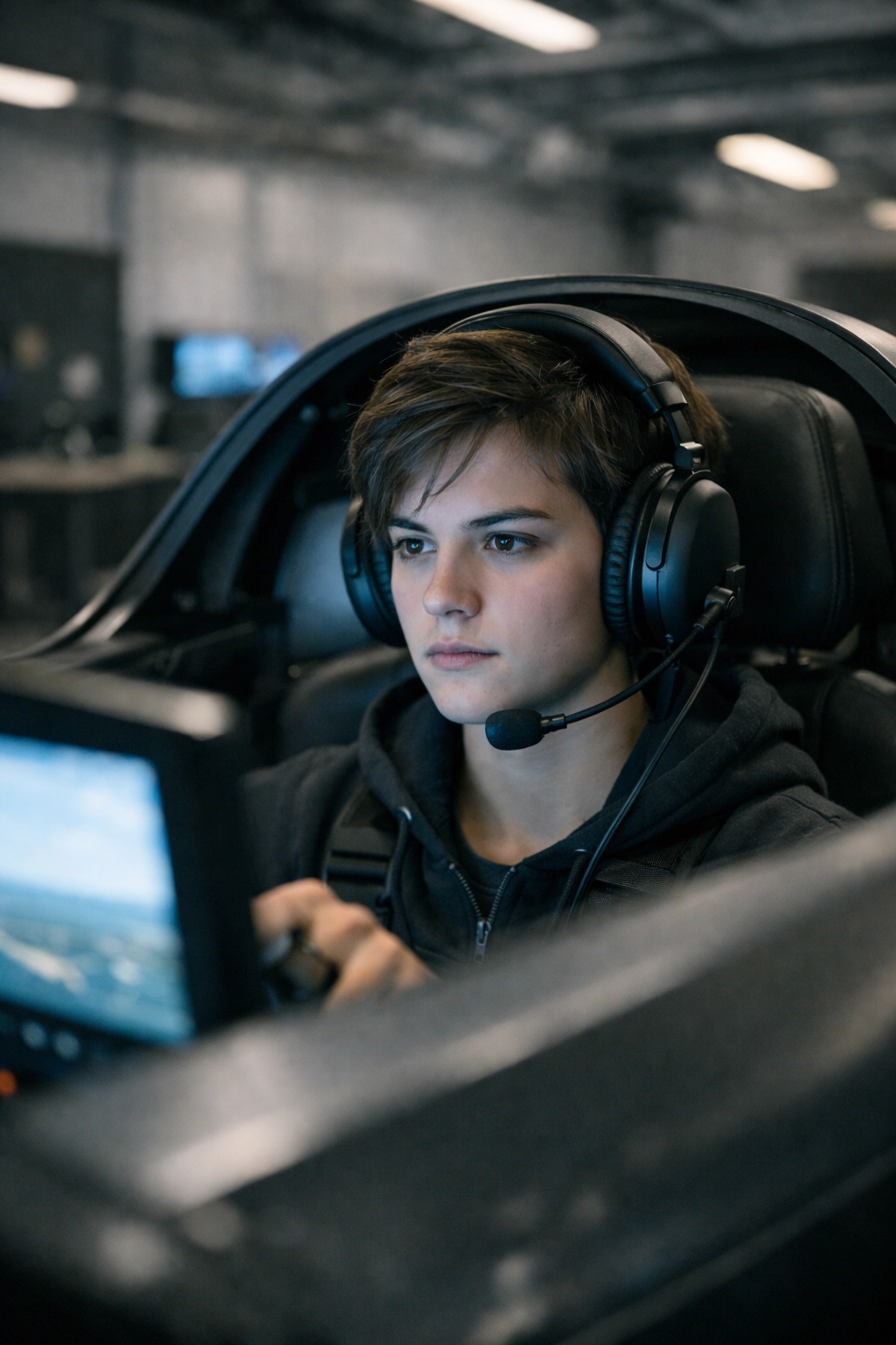 A student learning through simulation in a modern esports pod for future digital talent development.