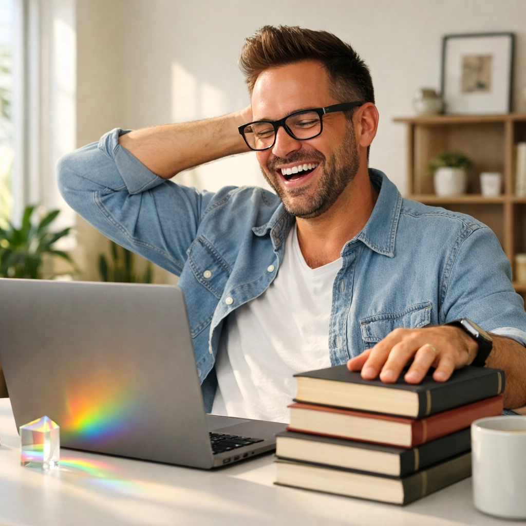 A joyful gay author in a sunlit home office celebrating high earnings from his MM romance books.