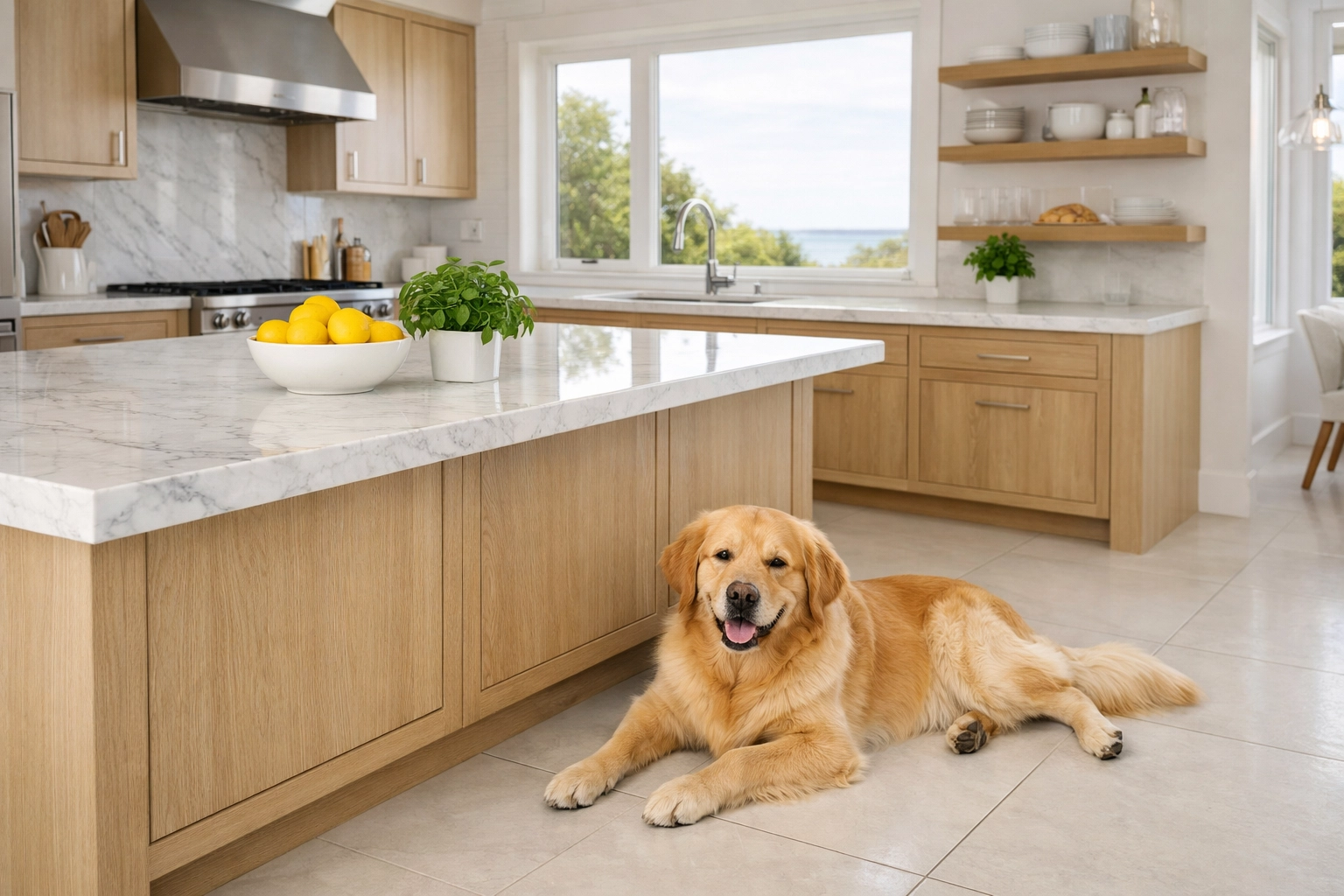 Eco-friendly kitchen cleaning in New Seabury safe for pets, featuring white marble counters.