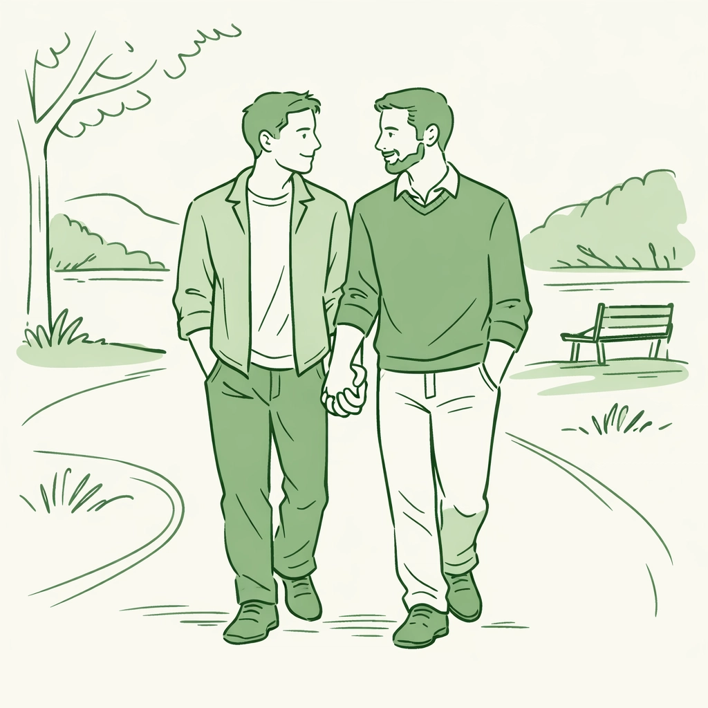 Gay couple holding hands in a park, illustrating romantic attraction in aromantic spectrum queer fiction.