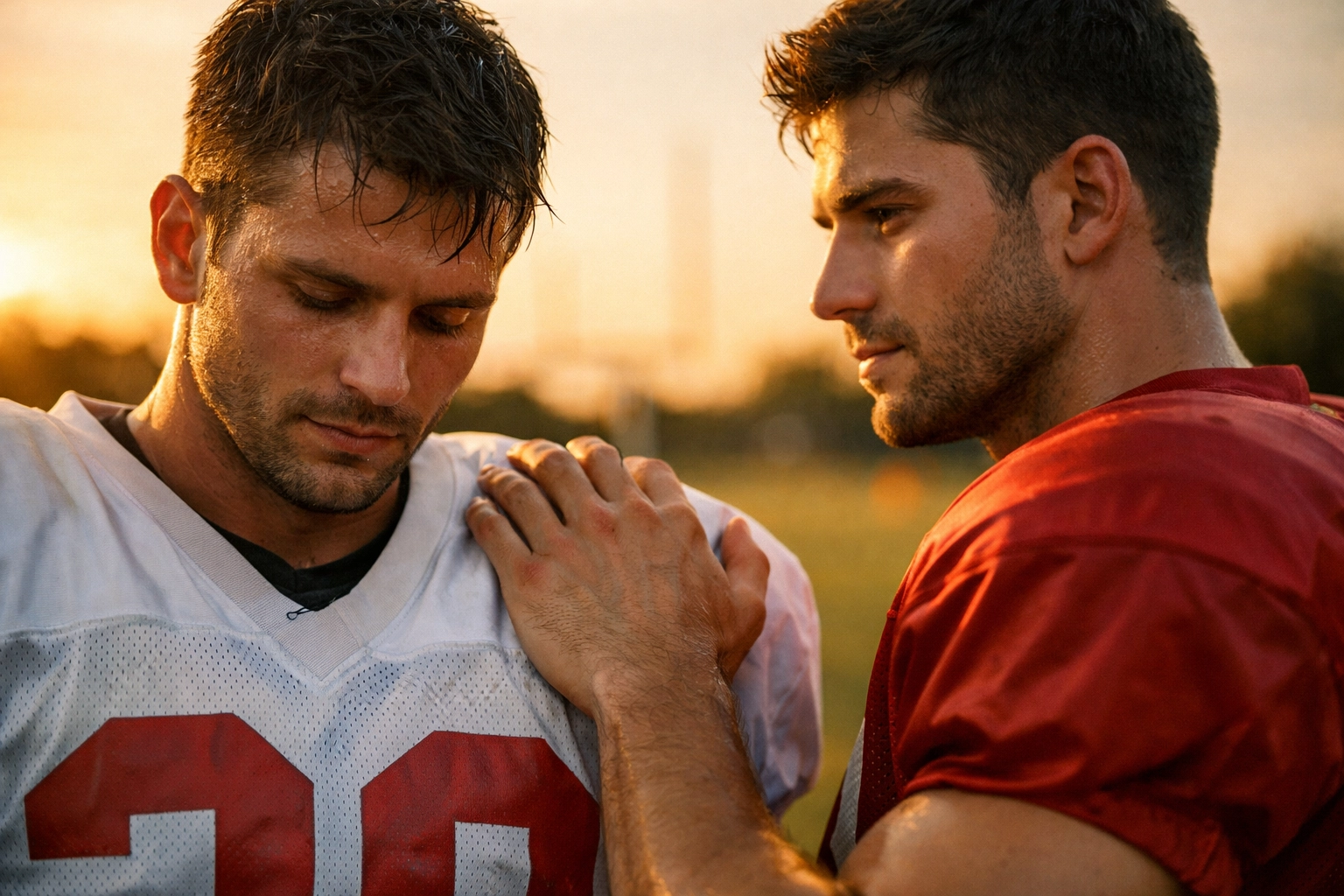 Two football players sharing an intimate moment of gay awakening on a sun-drenched sports field.