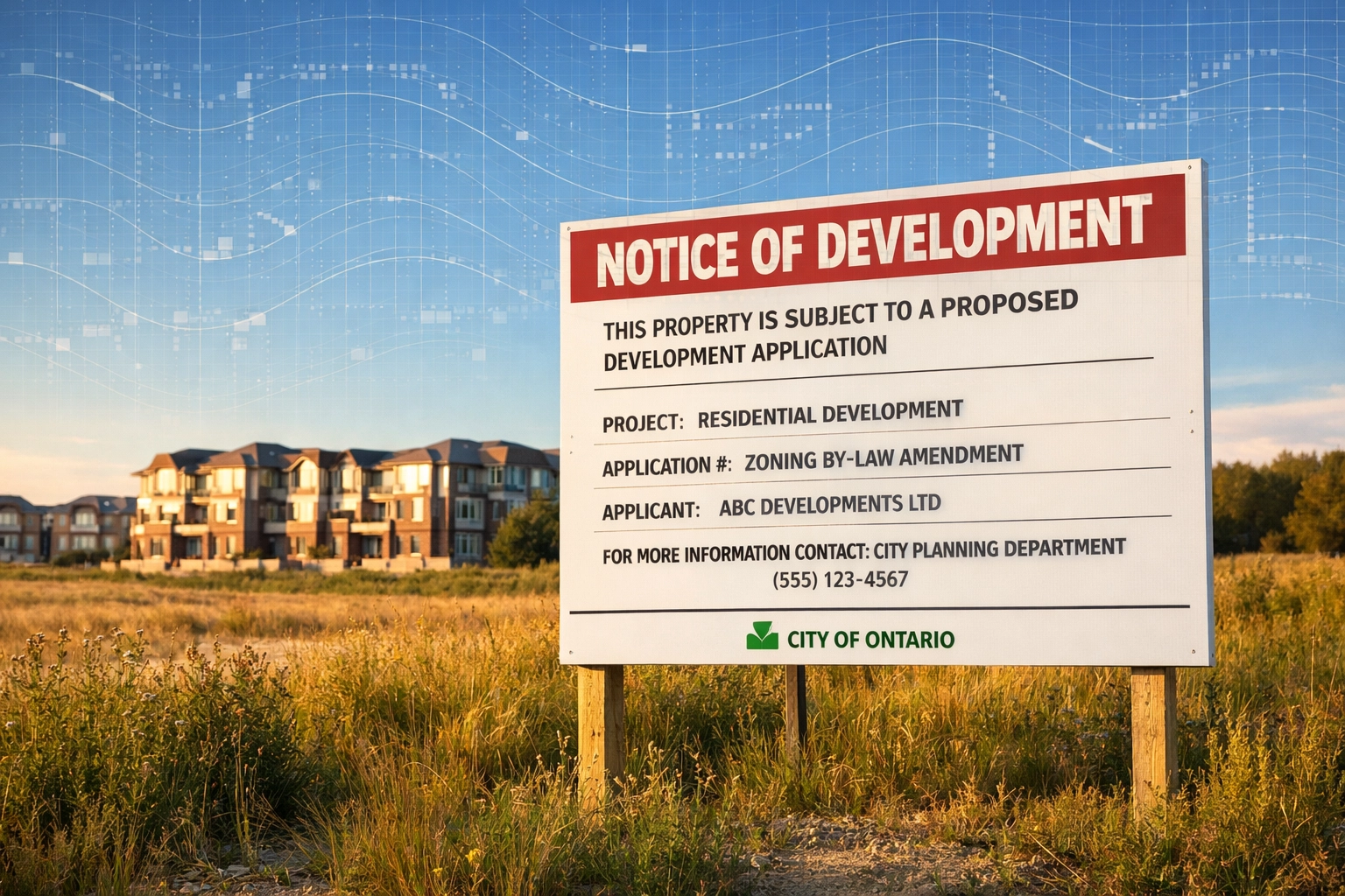 Municipal notice of development sign for a zoning by-law amendment on an Ontario construction site.
