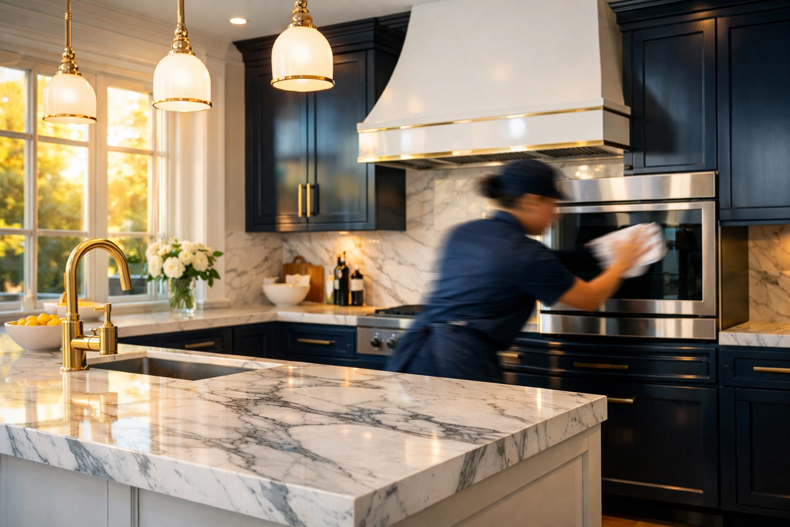 Professional residential cleaning Massachusetts team polishing a luxury Dover kitchen to a high-end shine.