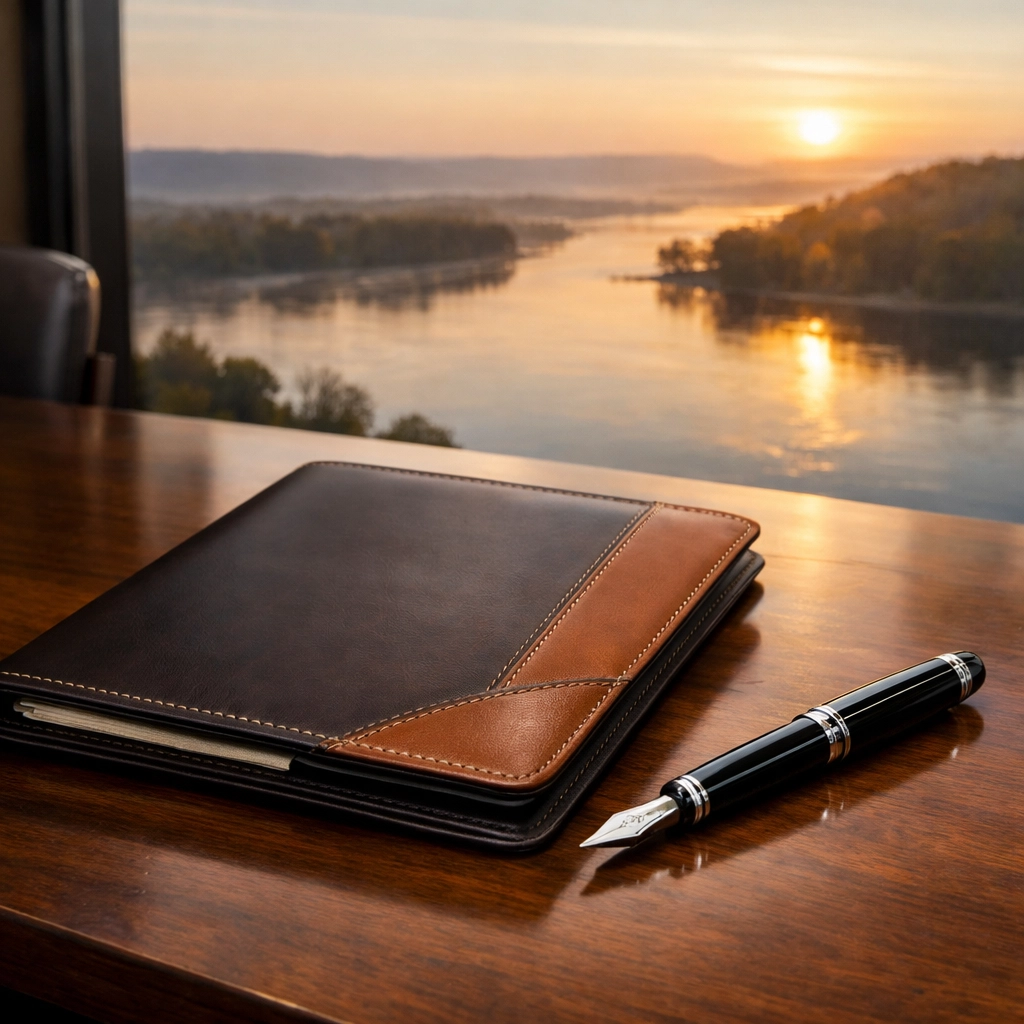 Professional business documents on a desk with a Mississippi river view, symbolizing expert business valuation.
