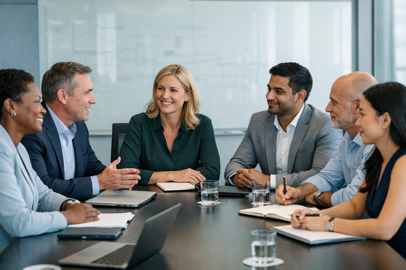 Leadership team in a modern conference room during a strategy session.