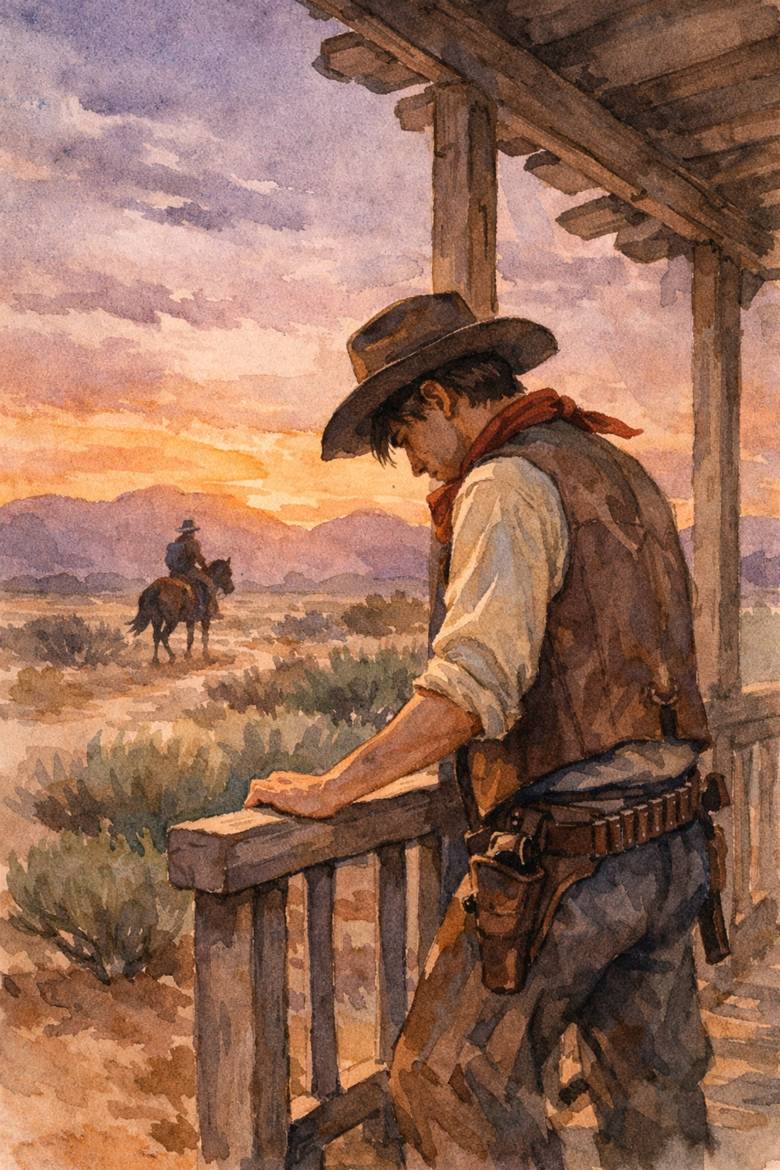 Cowboy watches lover ride away at sunset depicting internal conflict in 1870s frontier romance