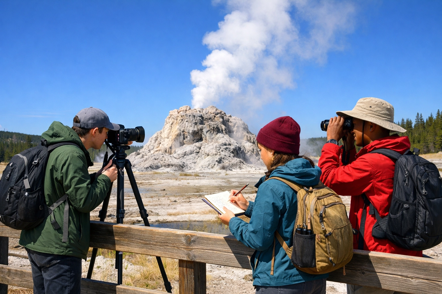 Students observing a geyser from a safety boardwalk during a Yellowstone Science Program for Schools.
