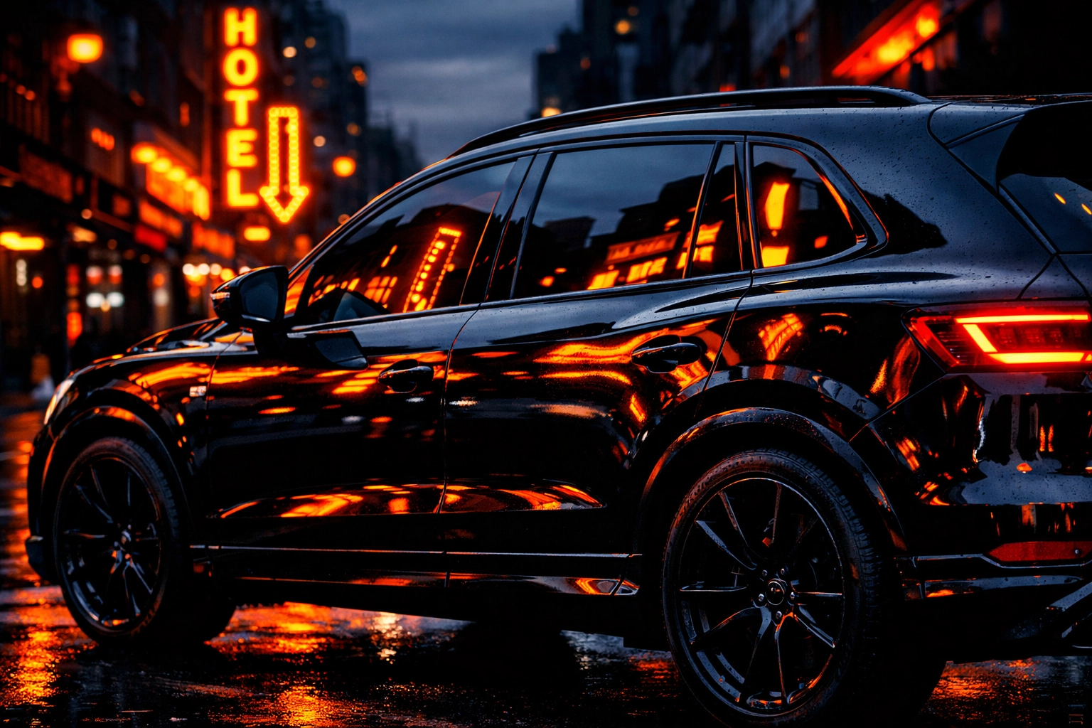 Sleek black SUV with professional Chattanooga window tinting reflecting vibrant urban neon lights.