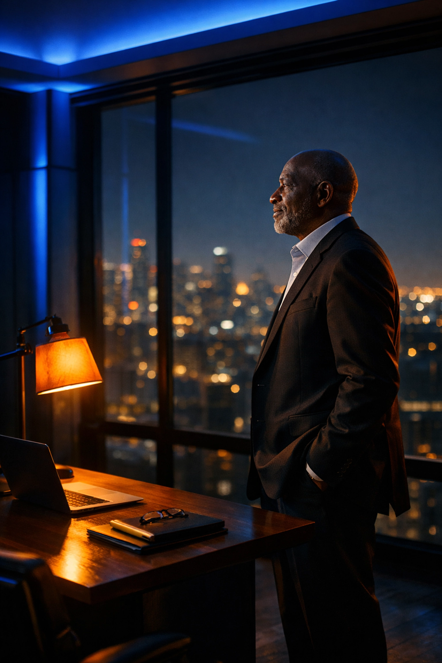 An elegant architectural background in dark mode with sleek orange accents, illustrating a small business owner focusing on a large presentation while a virtual assistant icon handles administrative tasks in the background.