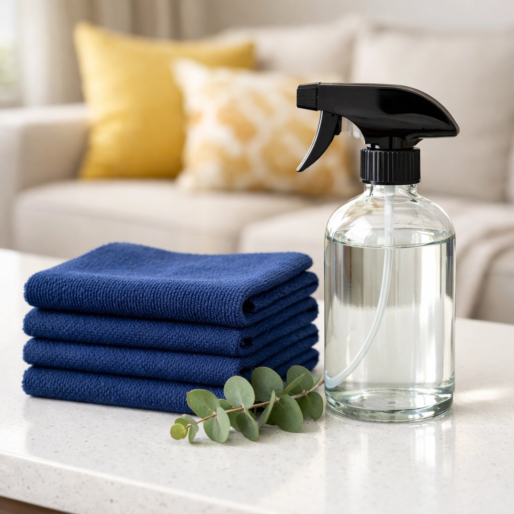 Eco-friendly supplies and microfiber cloths used for professional house cleaning Worcester MA services.