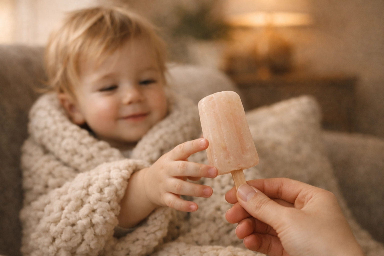 Toddler reaching for a natural electrolyte popsicle, a smart dehydration treatment for kids.