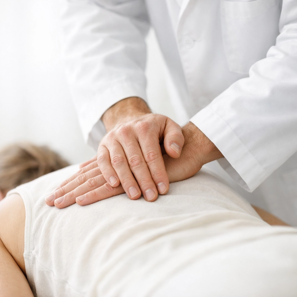 Hands of an expert chiropractor performing an adjustment, emphasizing patient-focused care over technical marketing.