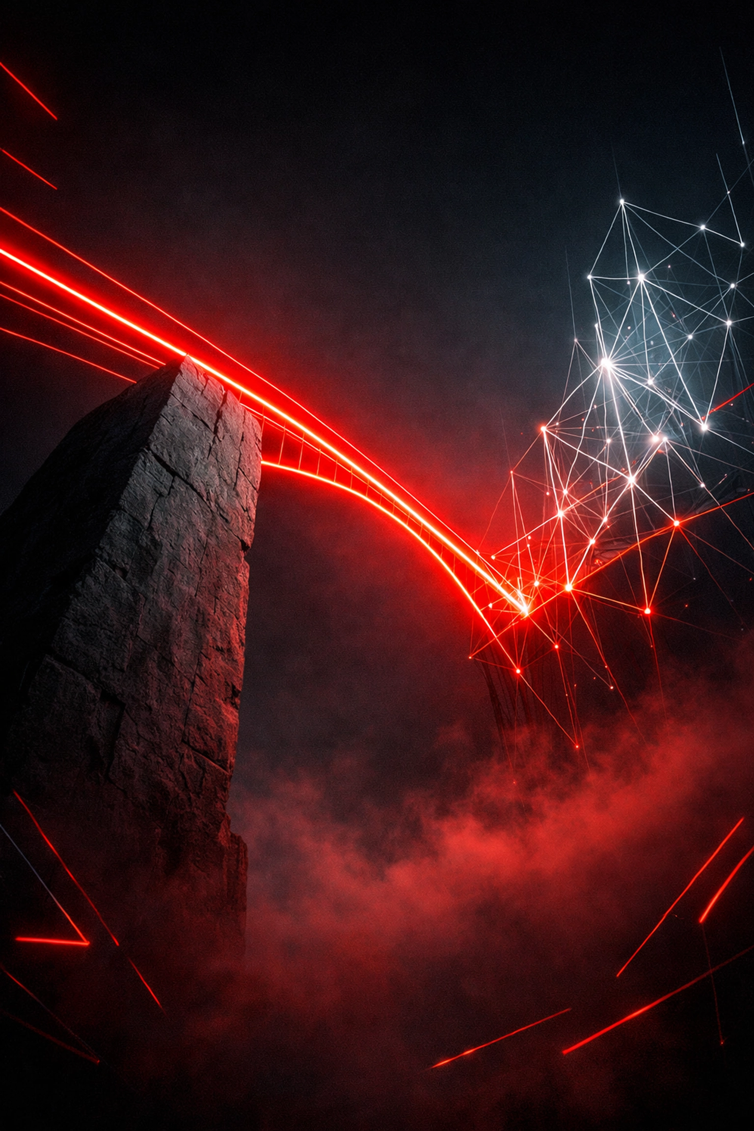 A glowing red bridge connecting traditional business models to the futuristic digital network of agentic commerce.