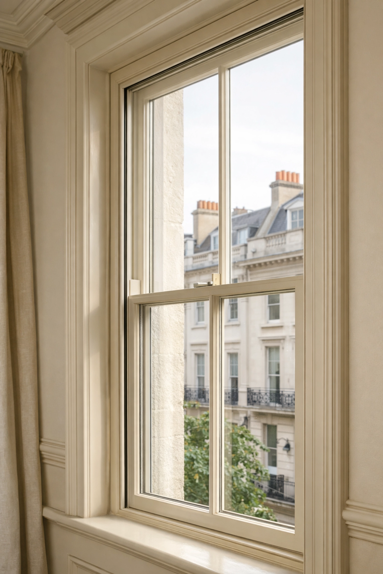 Secondary glazing discreetly installed on Georgian sash window in Mayfair heritage home interior