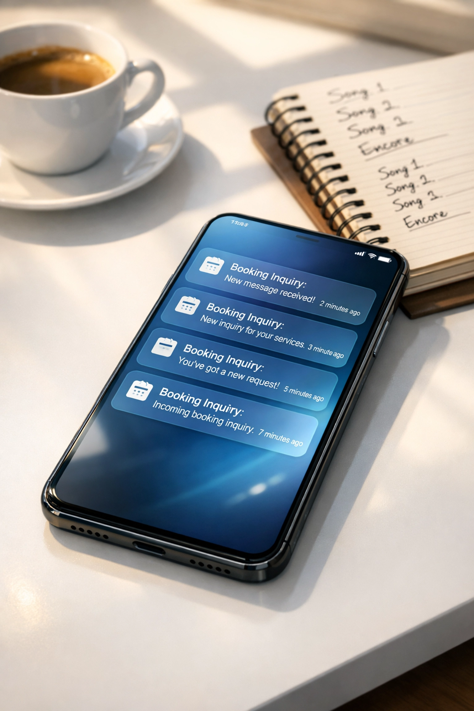 Smartphone displaying multiple band booking inquiry notifications for quick response management