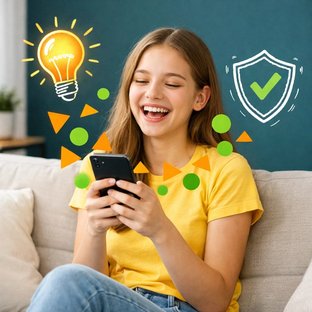 Teenager using a phone with wisdom and digital discernment icons, practicing online safety for teens.