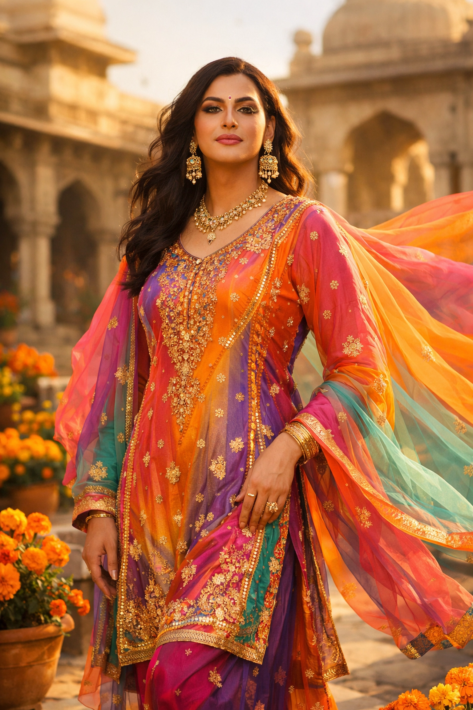 A proud Pakistani khwaja sira woman in traditional dress, symbolizing transgender rights and resilience in South Asia.