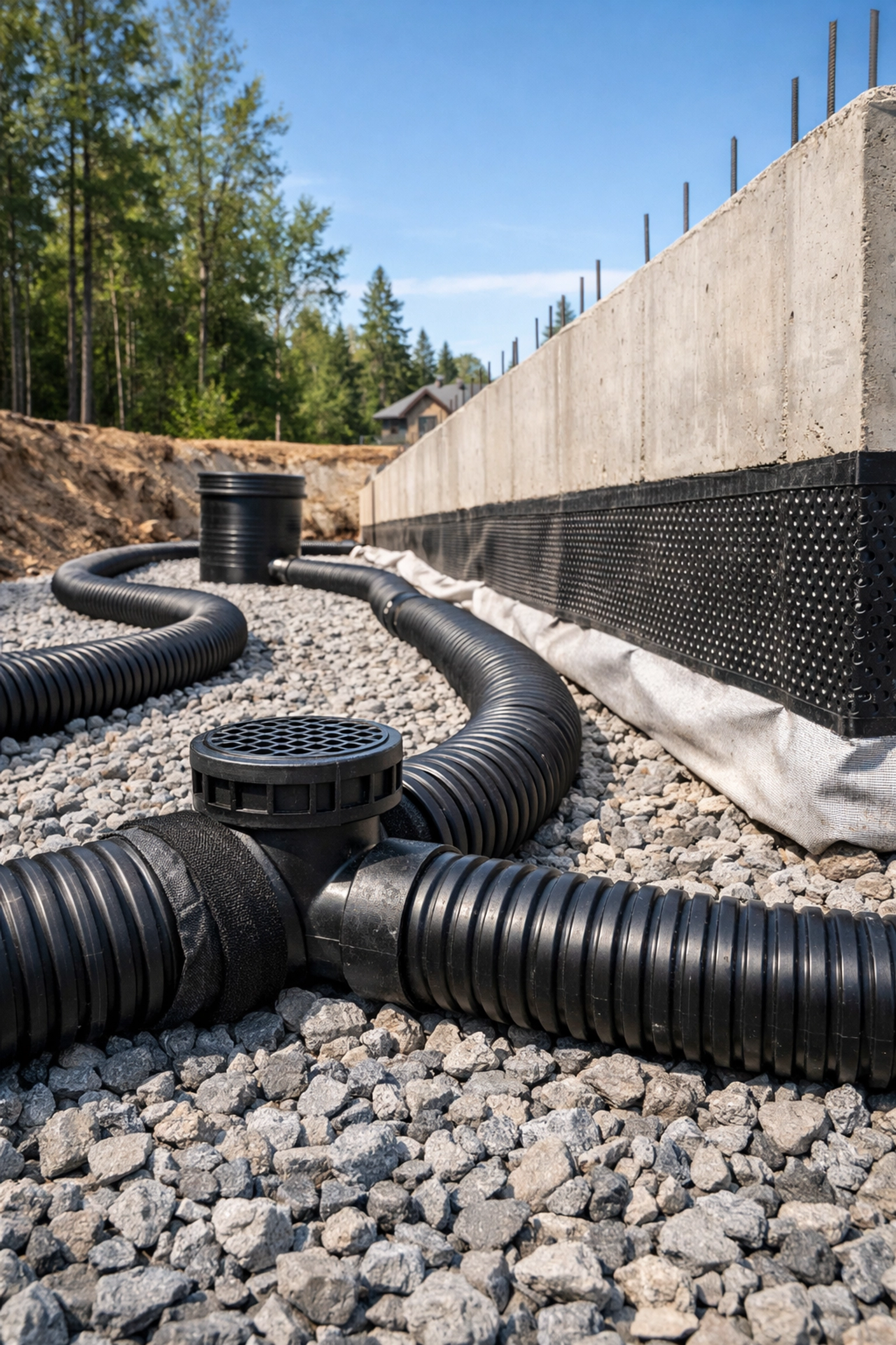 Professional drainage solutions being installed around a new residential foundation site.