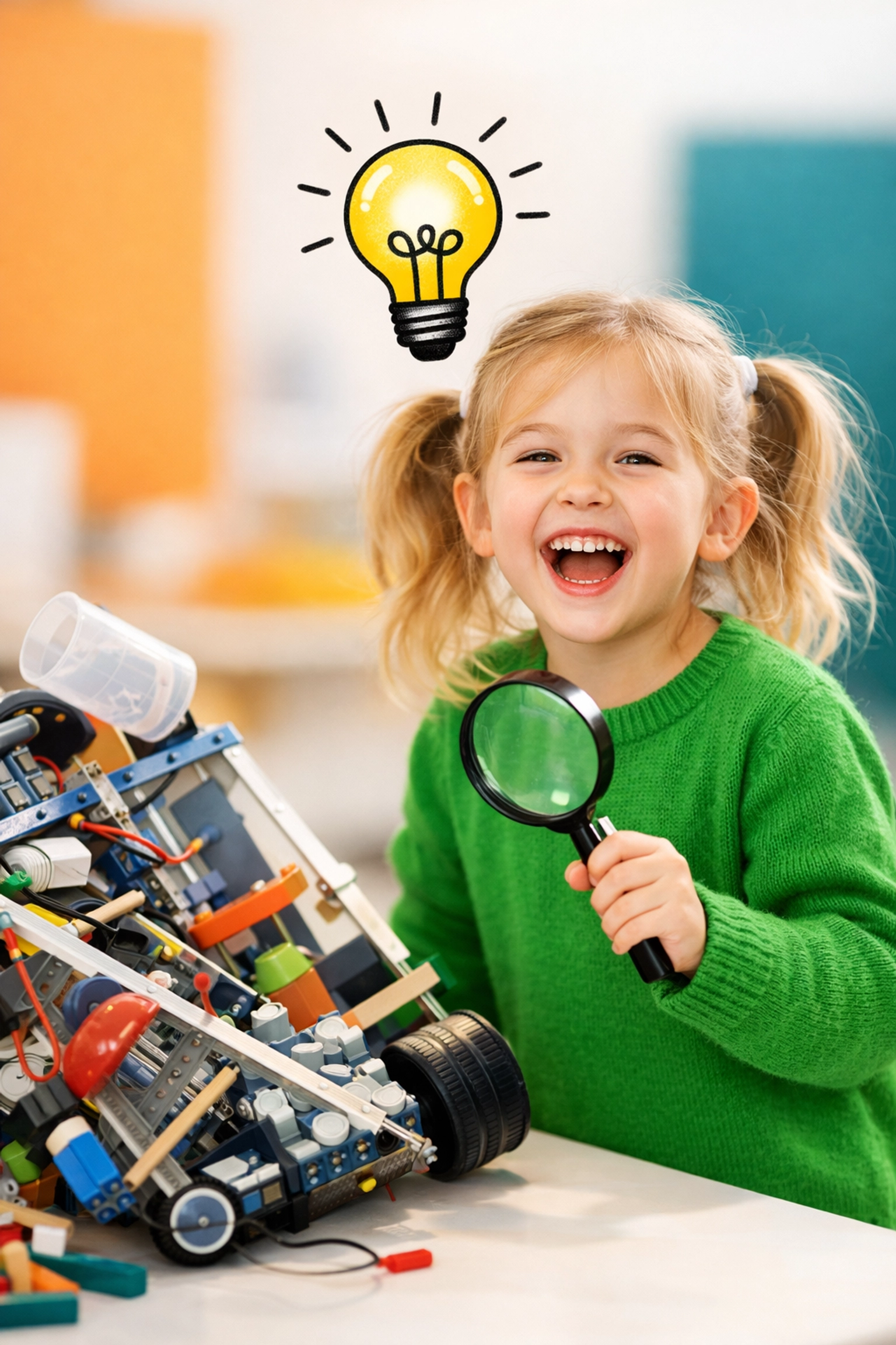 A young girl showing a growth mindset by laughing and learning from a science project mistake.
