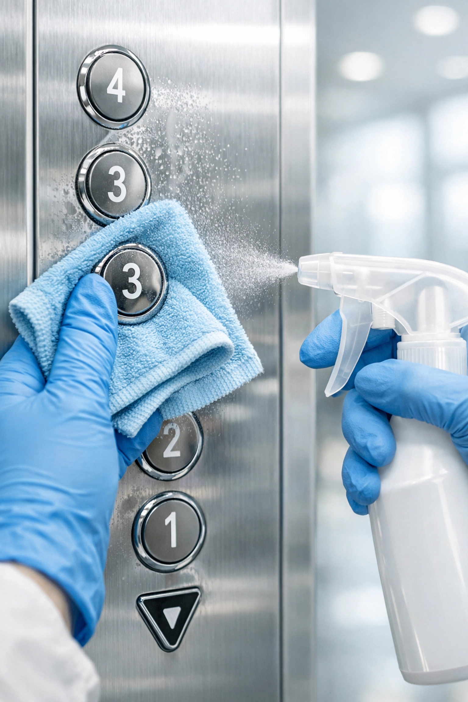Cleaning professional wiping elevator buttons and high-touch surfaces in office building