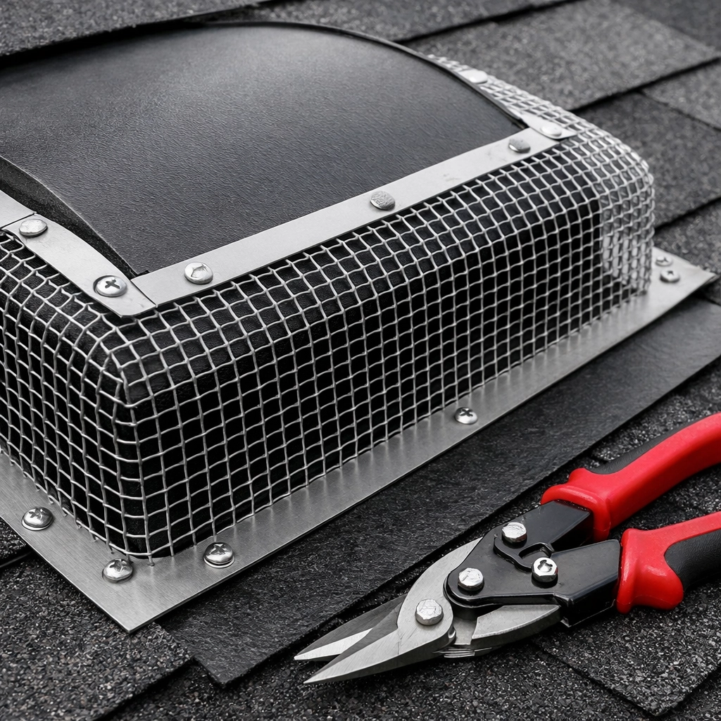 Professional wildlife exclusion using durable steel mesh to seal a roof vent on an Ontario property.