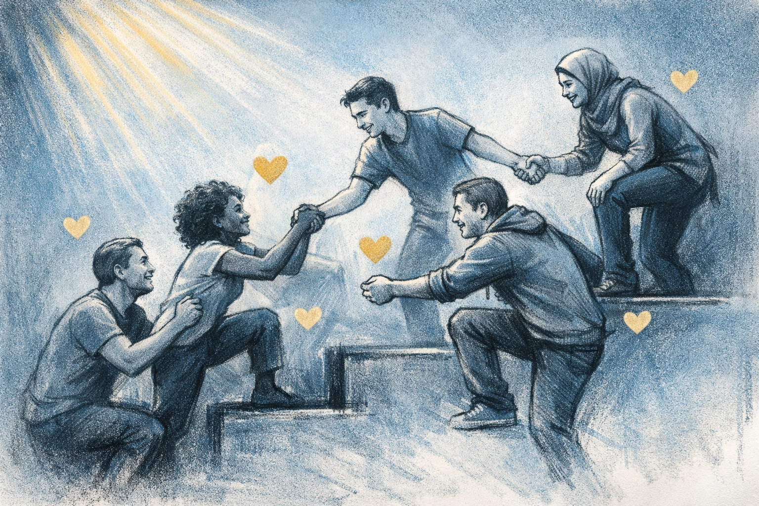 [Illustration] Diverse believers helping each other grow—sanctification over time