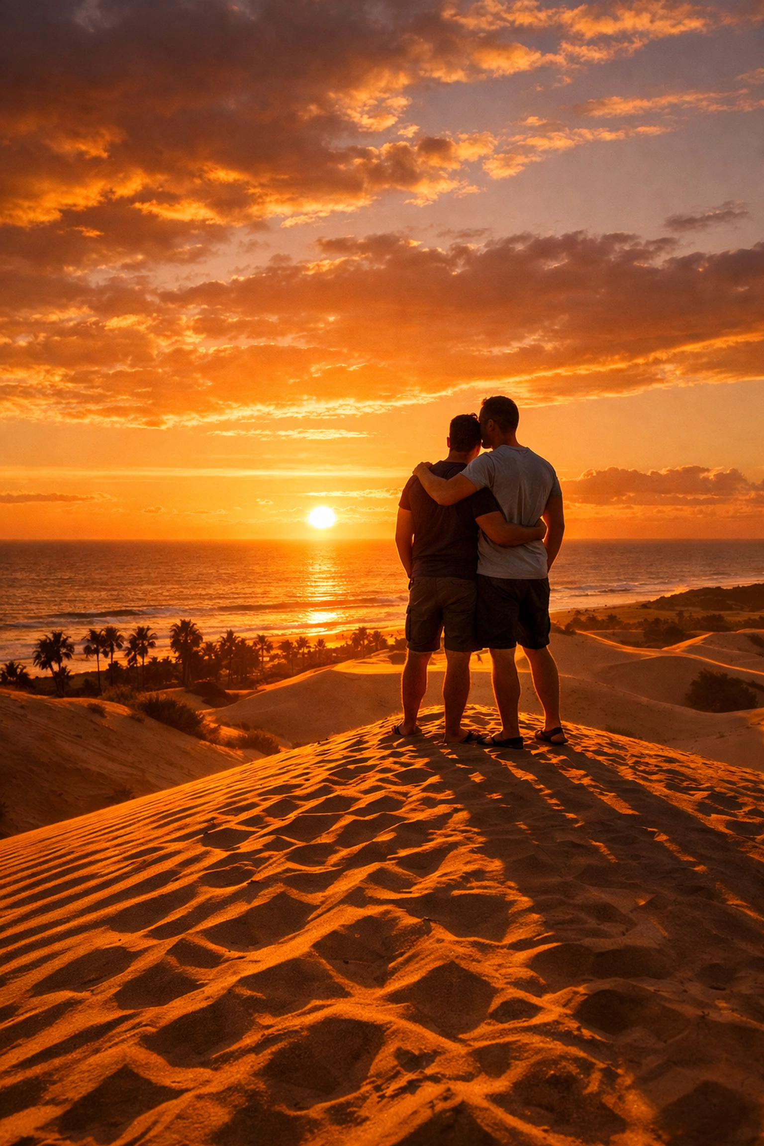Gay couple embracing at sunset on Maspalomas dunes overlooking Atlantic Ocean, Gran Canaria