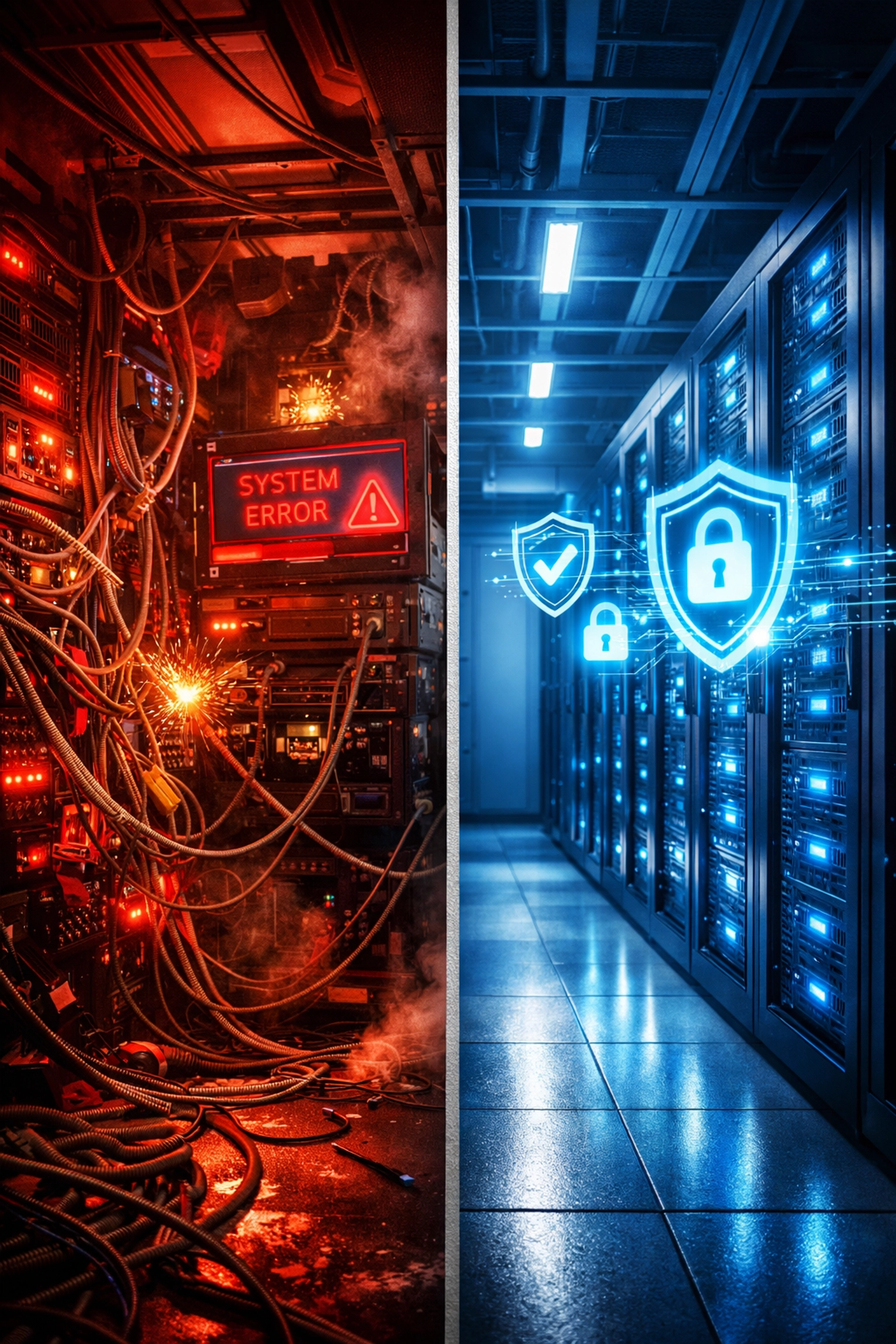 Reactive IT chaos versus proactive managed services - contrasting server room failures with organized infrastructure