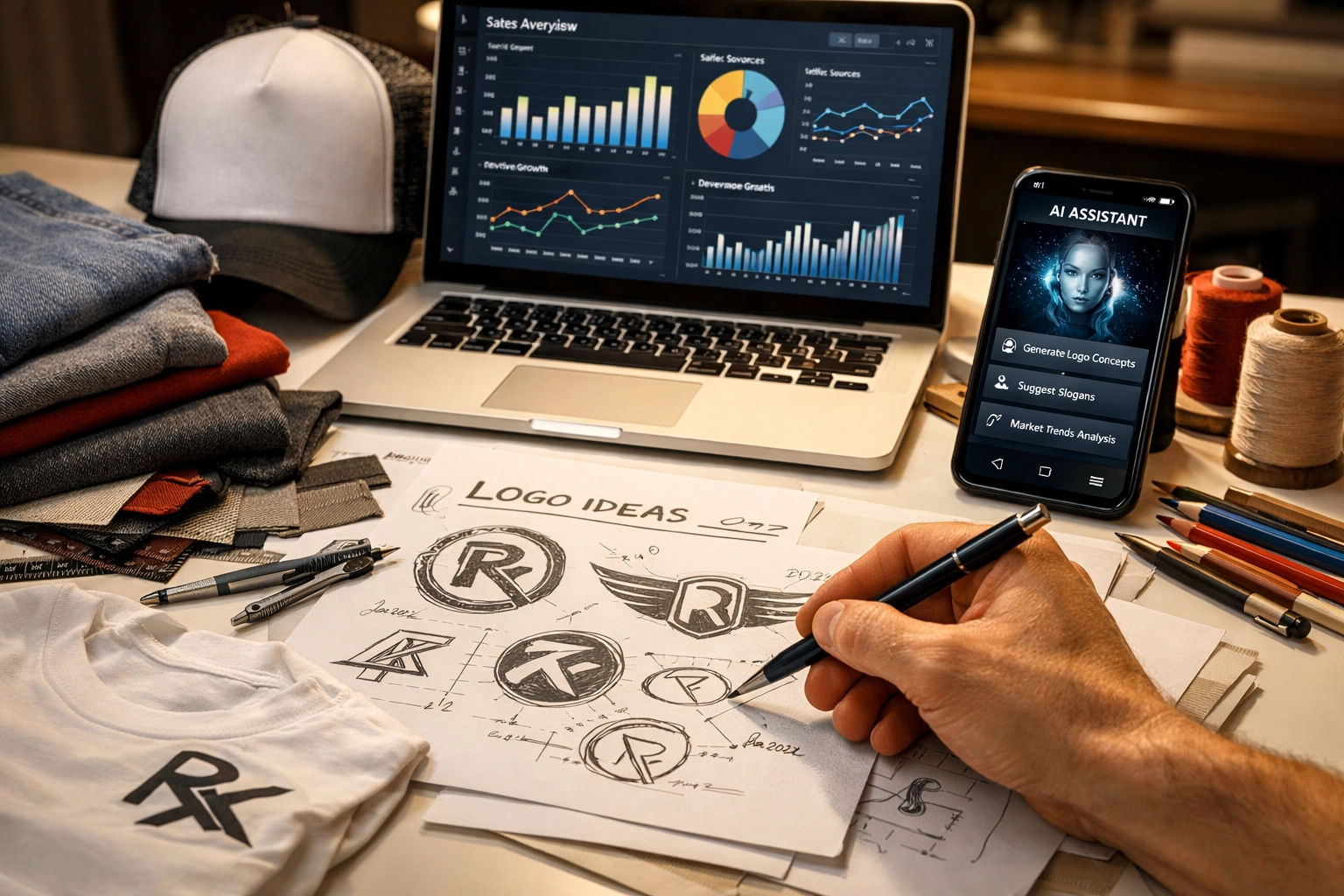 Entrepreneur sketching custom apparel designs with fabric samples and digital tools on desk