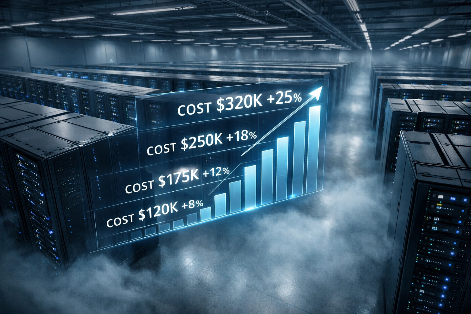 Enterprise data center showing VMware cost increases and infrastructure spending metrics