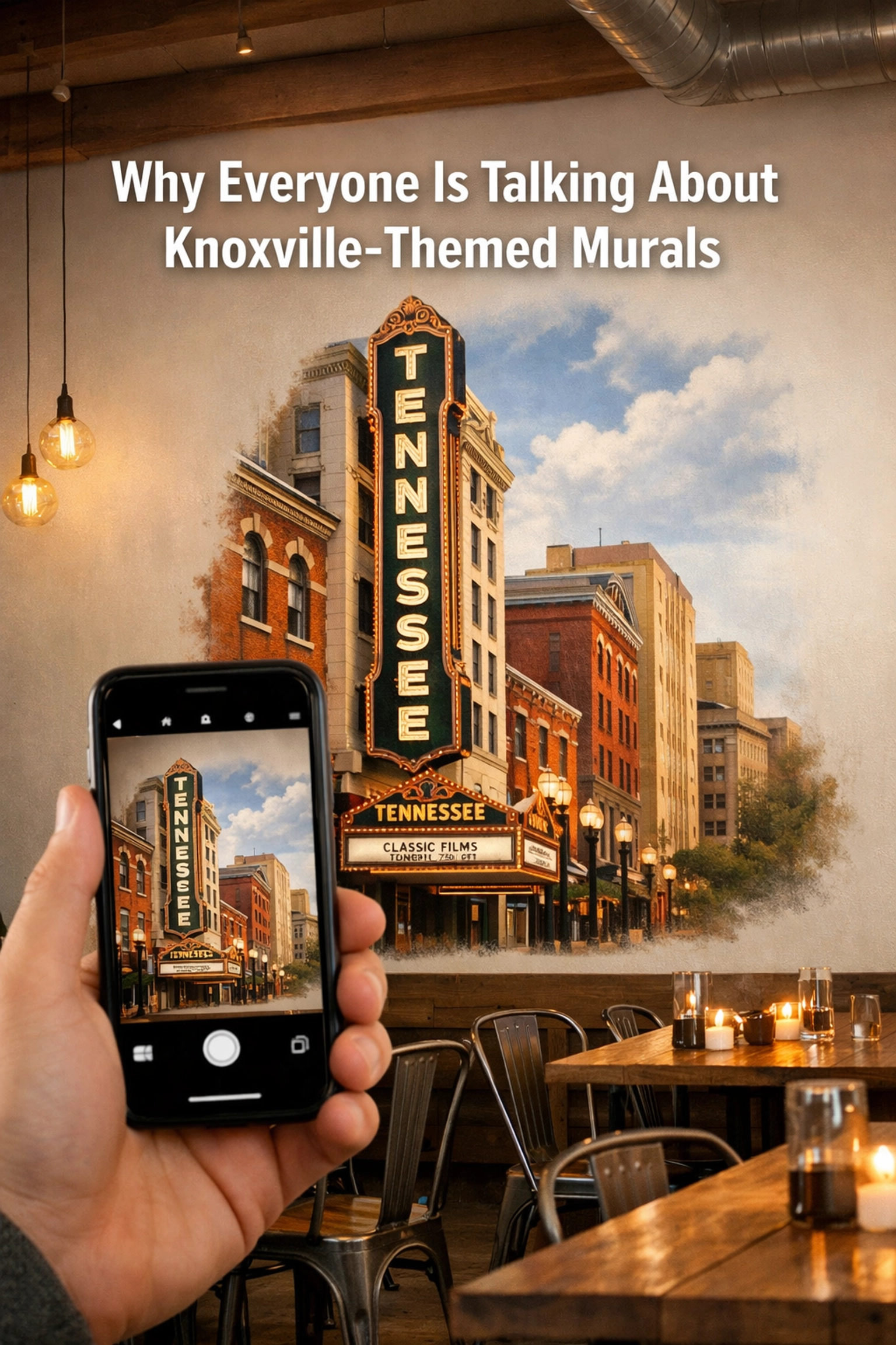 Instagrammable Knoxville bistro with a custom wall mural of the Tennessee Theatre marquee for restaurant decor.