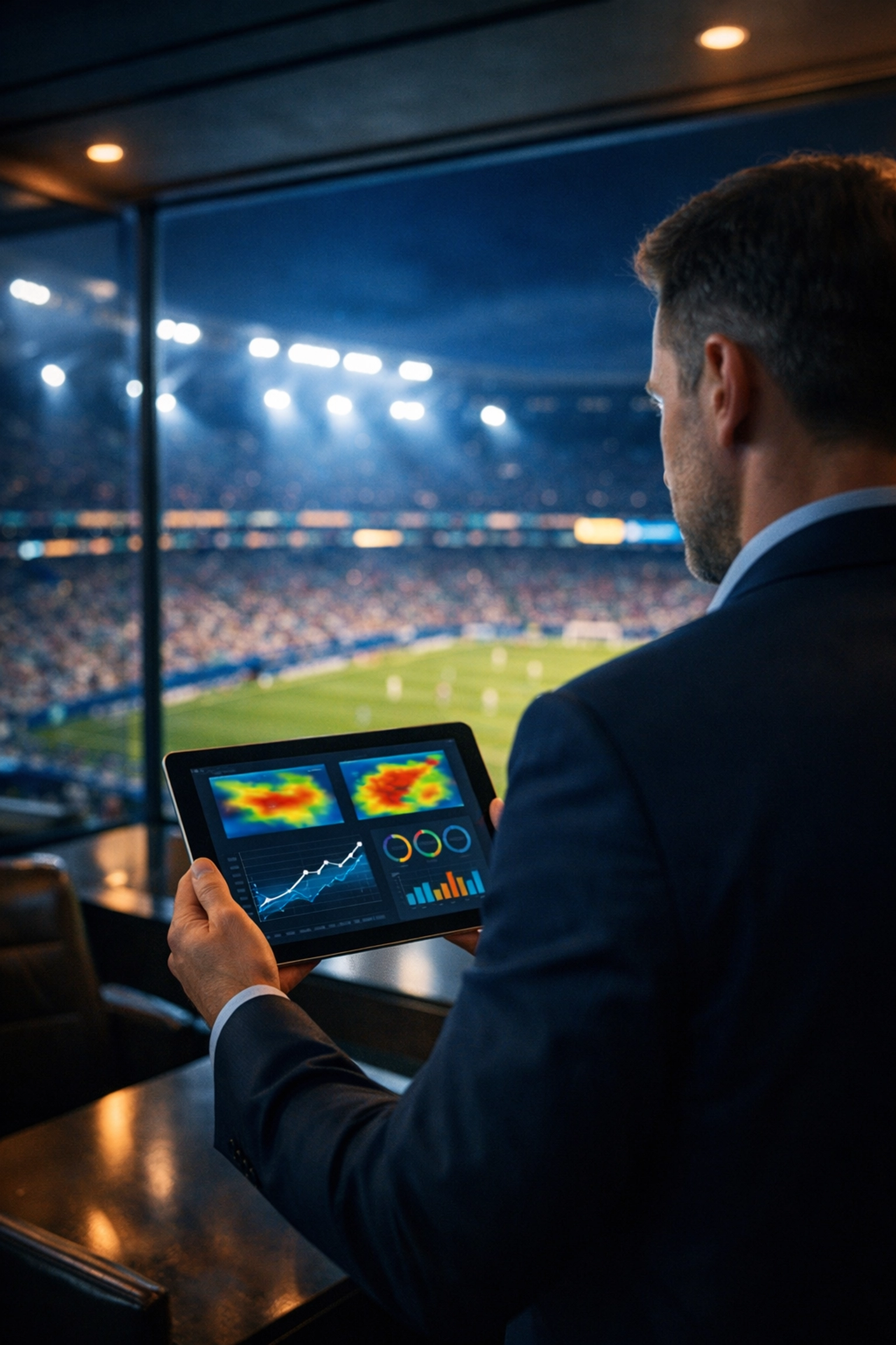 Strategic sports marketing professional using digital data analytics in a professional stadium executive suite.