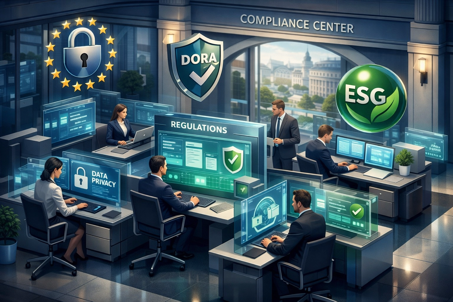 EU compliance center displaying GDPR, DORA, and ESG frameworks for ServiceNow implementation