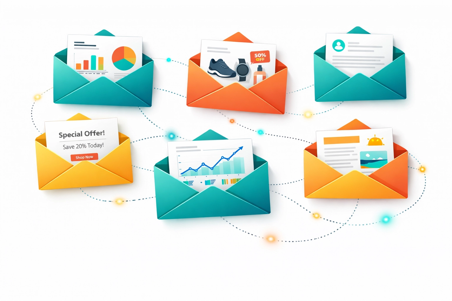 Automated email sequence showing personalized marketing messages flowing through AI system