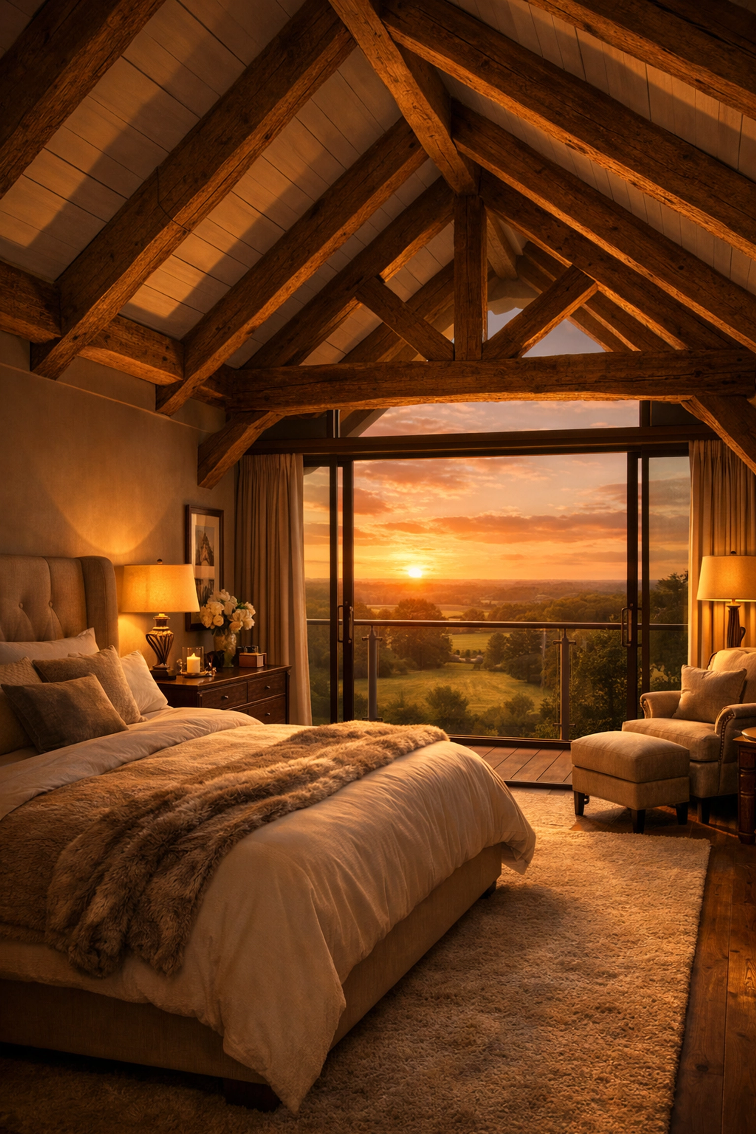 Luxury master suite with vaulted ceilings and a Juliet balcony in a newly converted West Sussex bungalow.