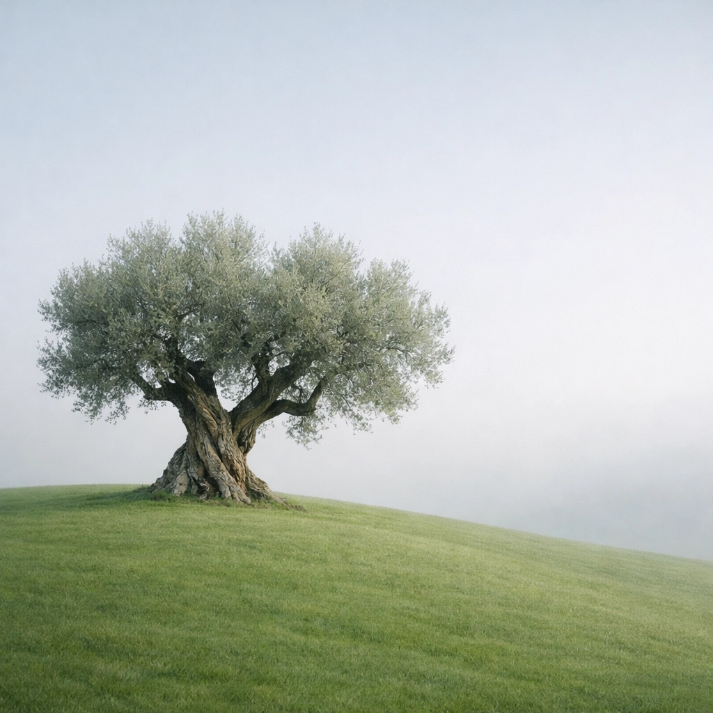 Minimalist tree on a misty hill showing clean composition in professional landscape photography.